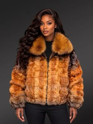 Women’s Whisky Mink Bomber Jacket with Fox Fur Collar
