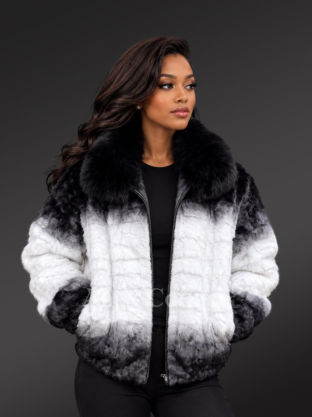 Women’s 2 Tone Mink Bomber Jacket with Fox Collar