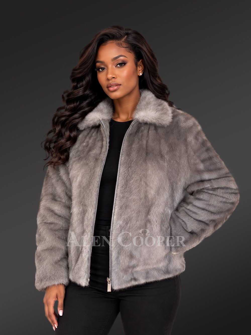 Women Blue Iris Full Mink Bomber Jacket - Image 2