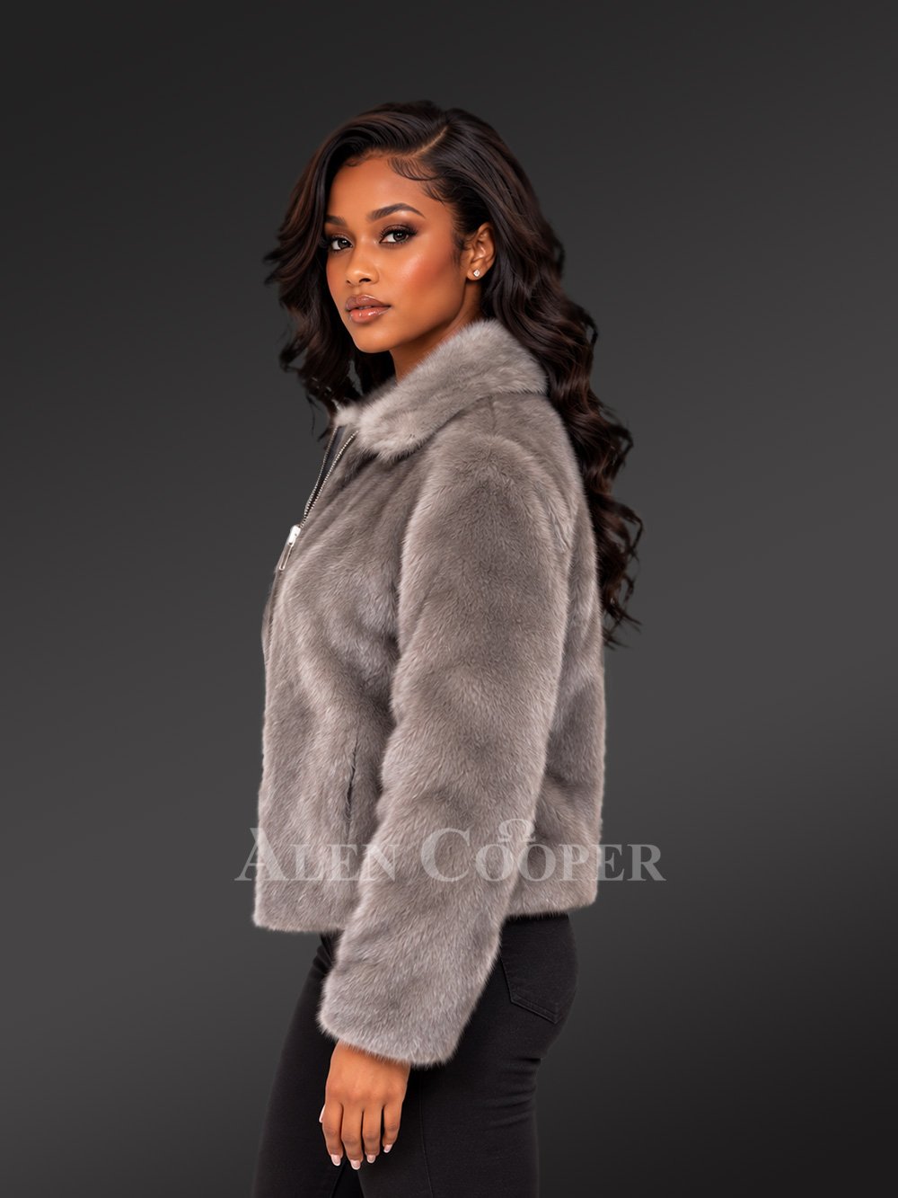 Women Blue Iris Full Mink Bomber Jacket - Image 3