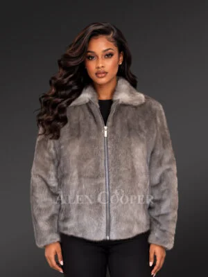 Women Blue Iris Full Mink Bomber Jacket