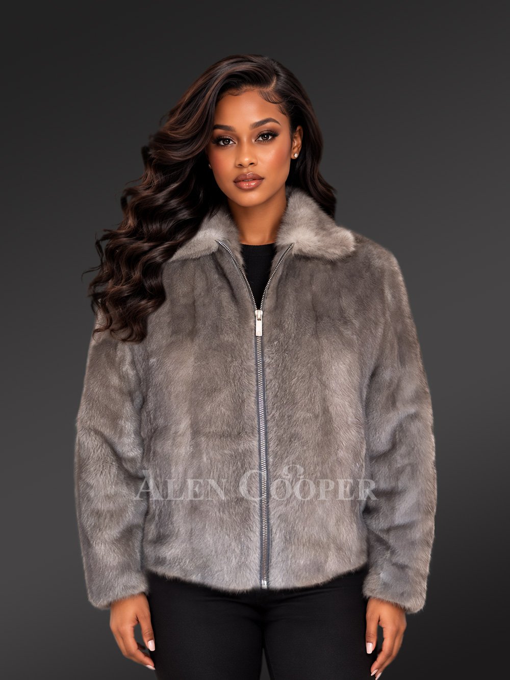 Women Blue Iris Full Mink Bomber Jacket