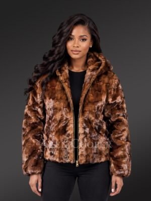 Women Classic Diamond Mink Fur Jacket with Hood