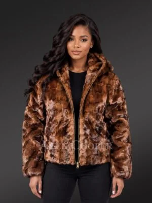 Women Classic Diamond Mink Fur Jacket with Hood