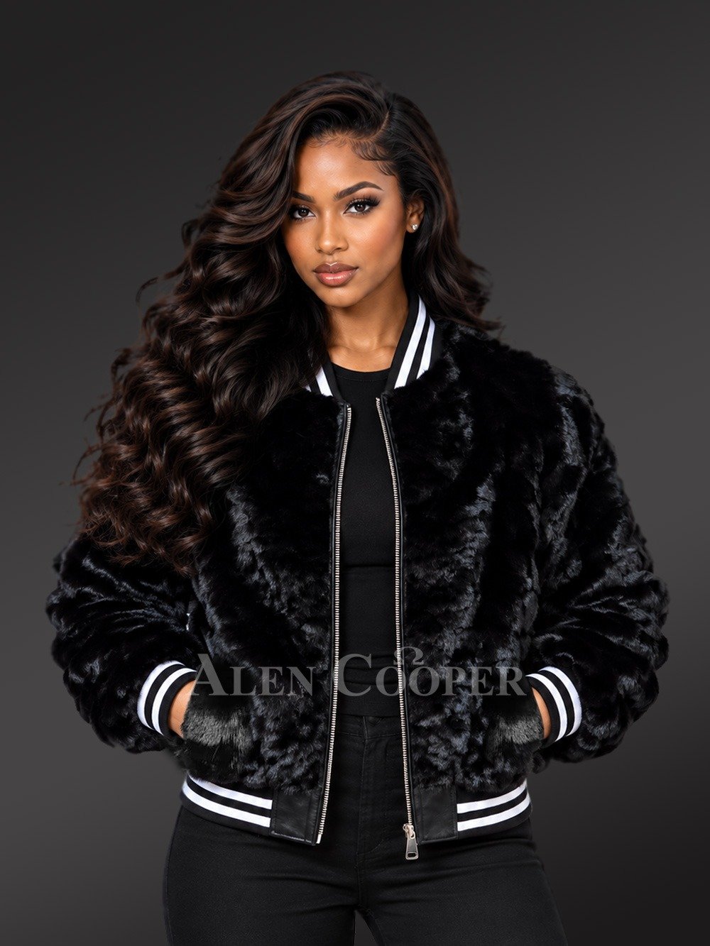 Women’s Diamond Mink Fur Varsity Jacket - Image 2