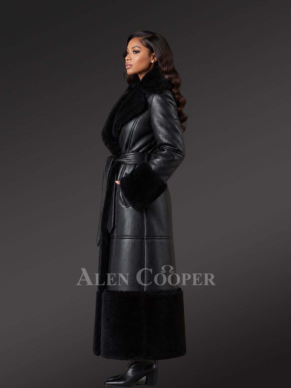 Women's Full Length Shearling Coat in Black - Image 2