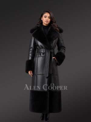 Women's Full Length Shearling Coat in Black