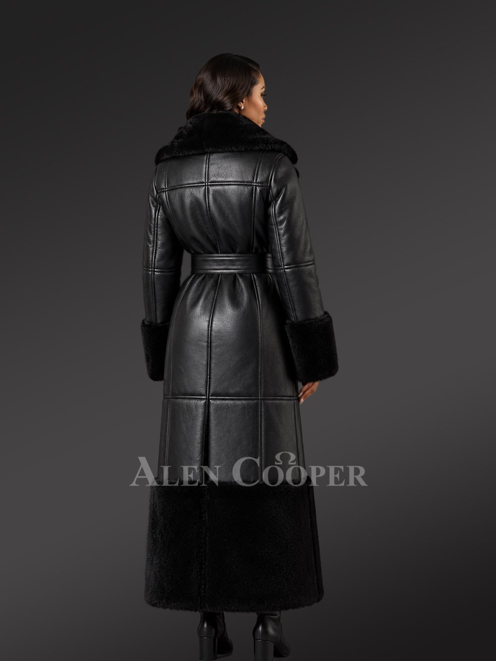 Women's Full Length Shearling Coat in Black - Image 3