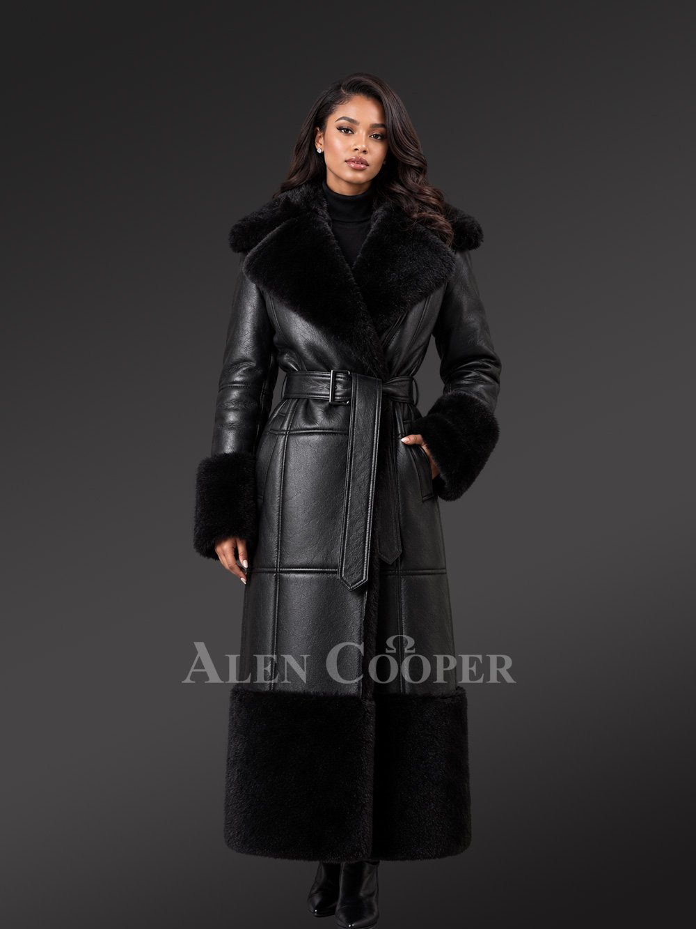 Women's Full Length Shearling Coat in Black