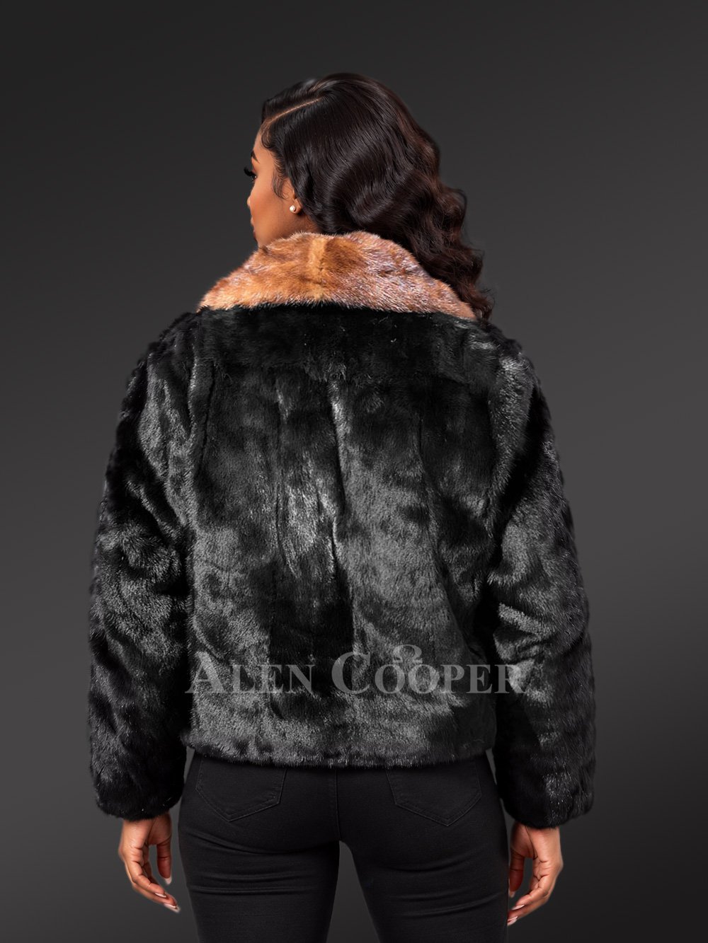 Women’s Full Mink Bomber Jacket with a Contrast Collar - Image 4