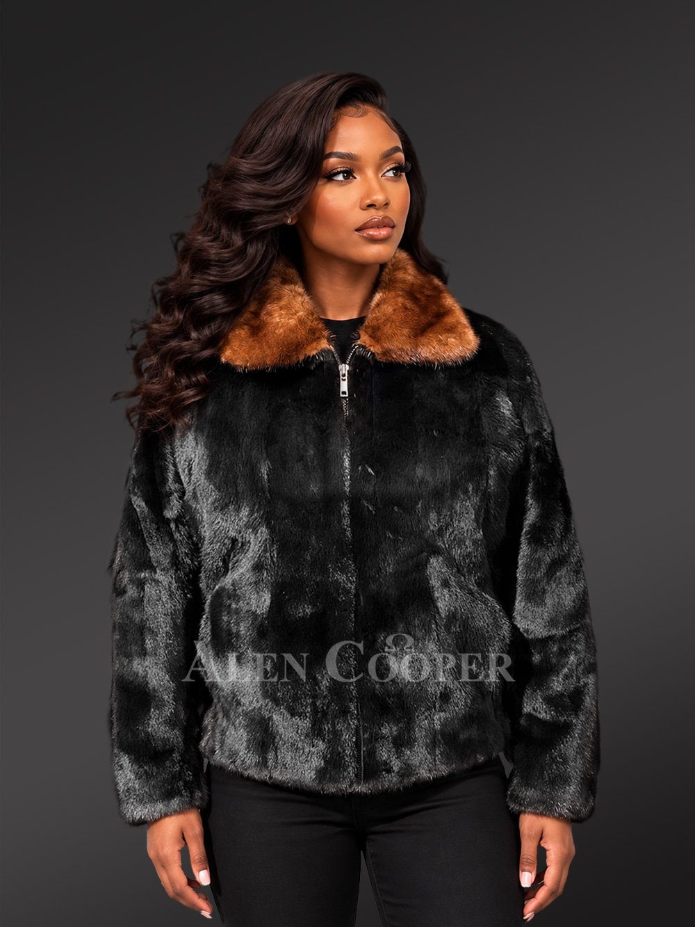 Women’s Full Mink Bomber Jacket with a Contrast Collar - Image 2