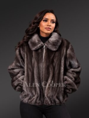 Women Fullskin Blue Iris Mink Bomber Jacket