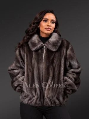 Women Fullskin Blue Iris Mink Bomber Jacket
