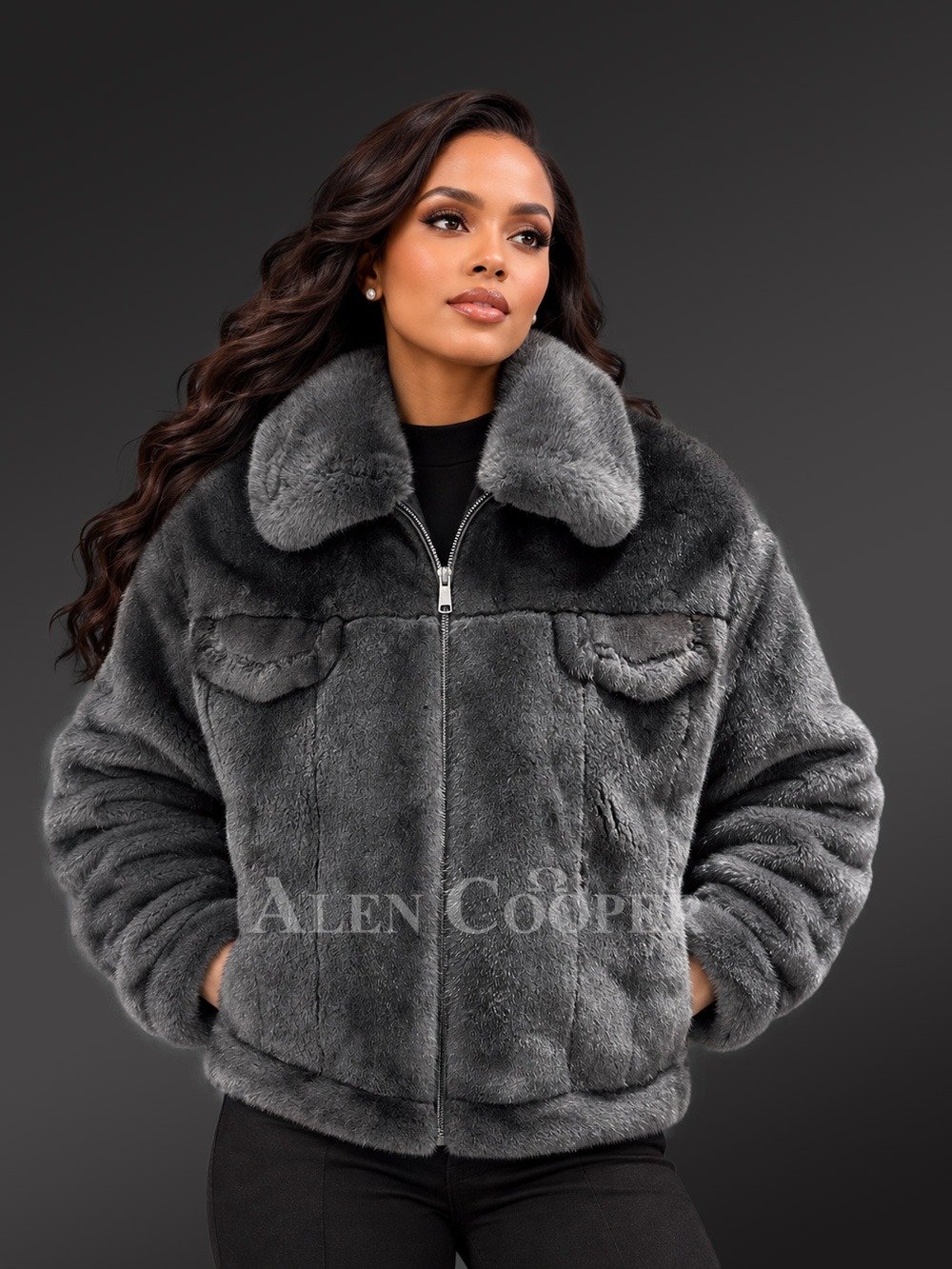 Women Fullskin Mink Biker Jacket in Grey