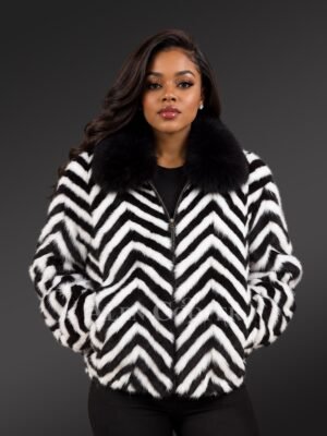 Women’s Herringbone Mink Bomber Jacket in Black & White