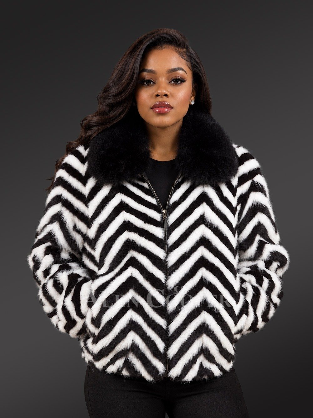 Women’s Herringbone Mink Bomber Jacket in Black & White