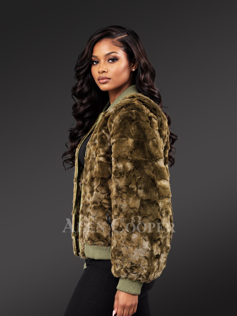 Women Mink Baseball Bomber in Olive Green - Image 3