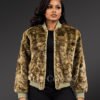 Women Mink Baseball Bomber in Olive Green