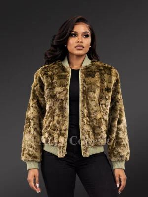 Women Mink Baseball Bomber in Olive Green