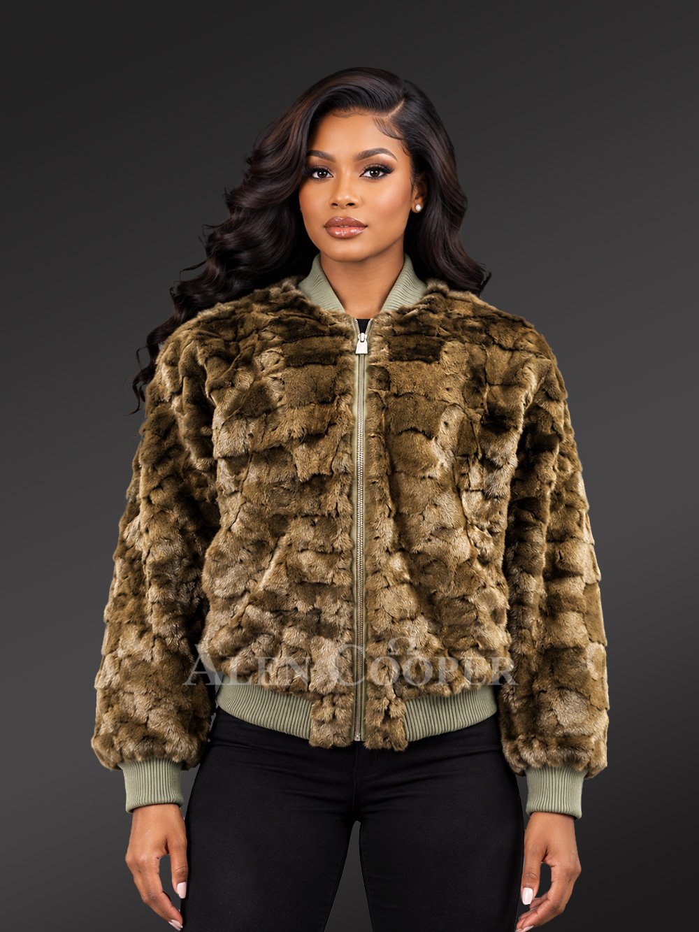 Women Mink Baseball Bomber in Olive Green - Image 2