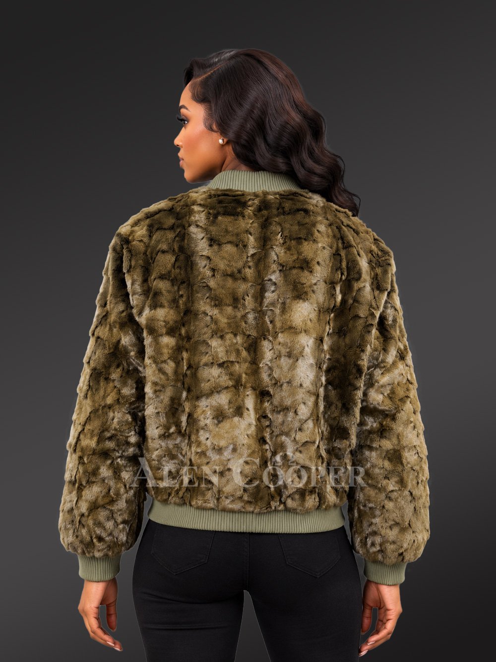 Women Mink Baseball Bomber in Olive Green - Image 4