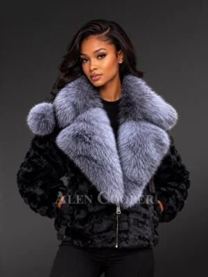 Women Mink Biker Jacket with Hood and Silver Fox Fur Trims