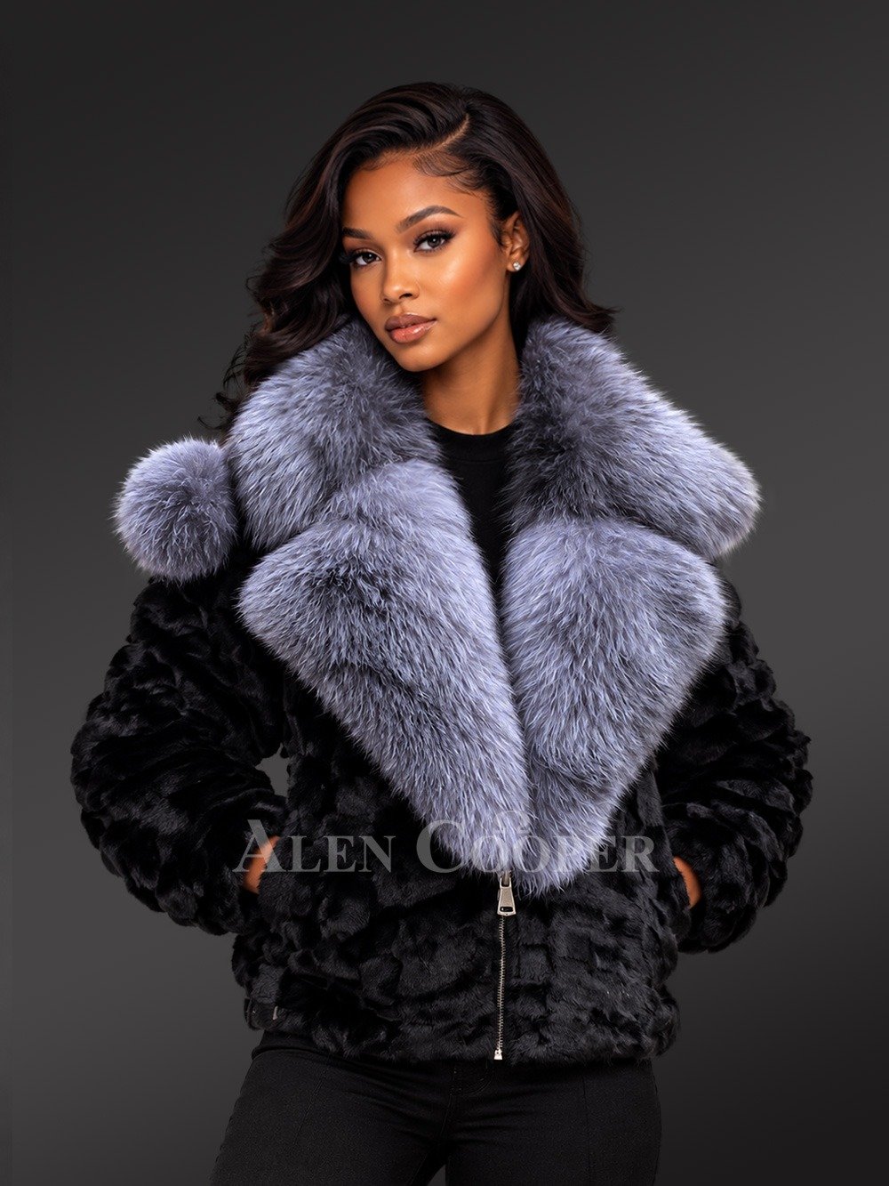 Women Mink Biker Jacket with Hood and Silver Fox Fur Trims