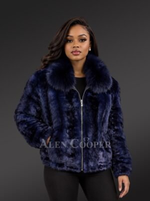 Women Mink Bomber Jacket in Navy with Fox Collar