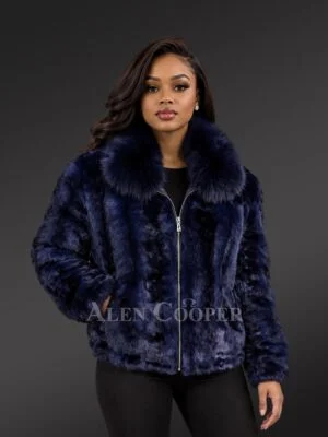Women Mink Bomber Jacket in Navy with Fox Collar