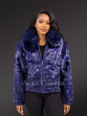 Women Mink Bomber Jacket in Navy with Fox Collar