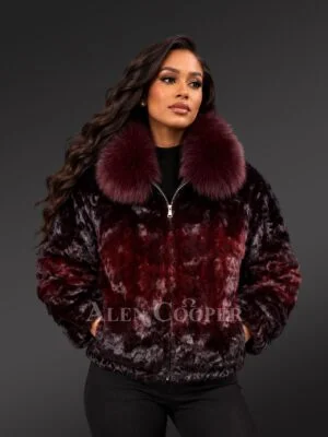 Women Mink Bomber Jacket in. Burgundy with Fox Collar