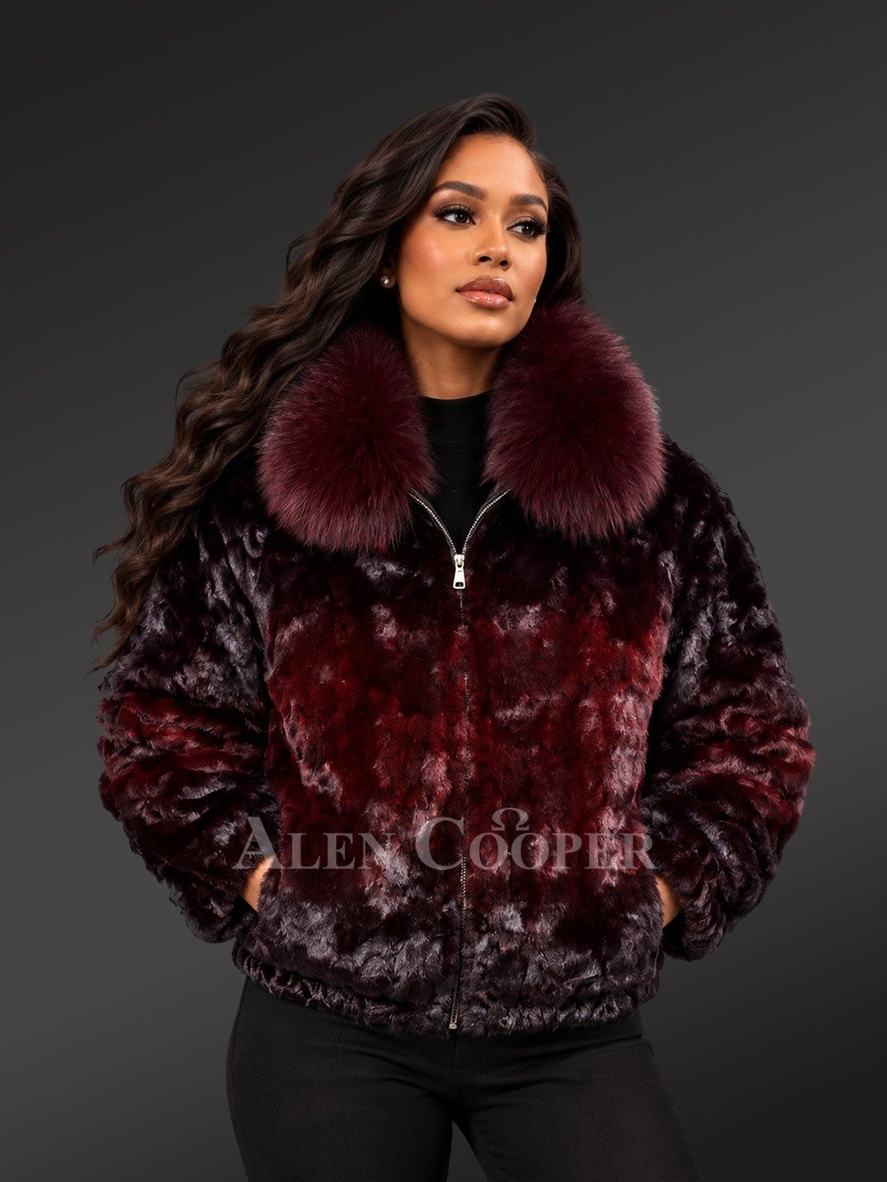 Women Mink Bomber Jacket in. Burgundy with Fox Collar