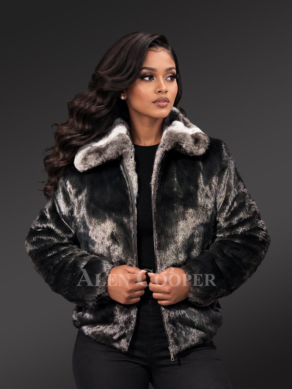 Women’s Full Mink Bomber Jacket with a Contrast Chinchilla Collar - Image 2