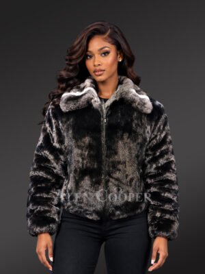 Women's Mink Bomber Jacket with Chinchilla Collar