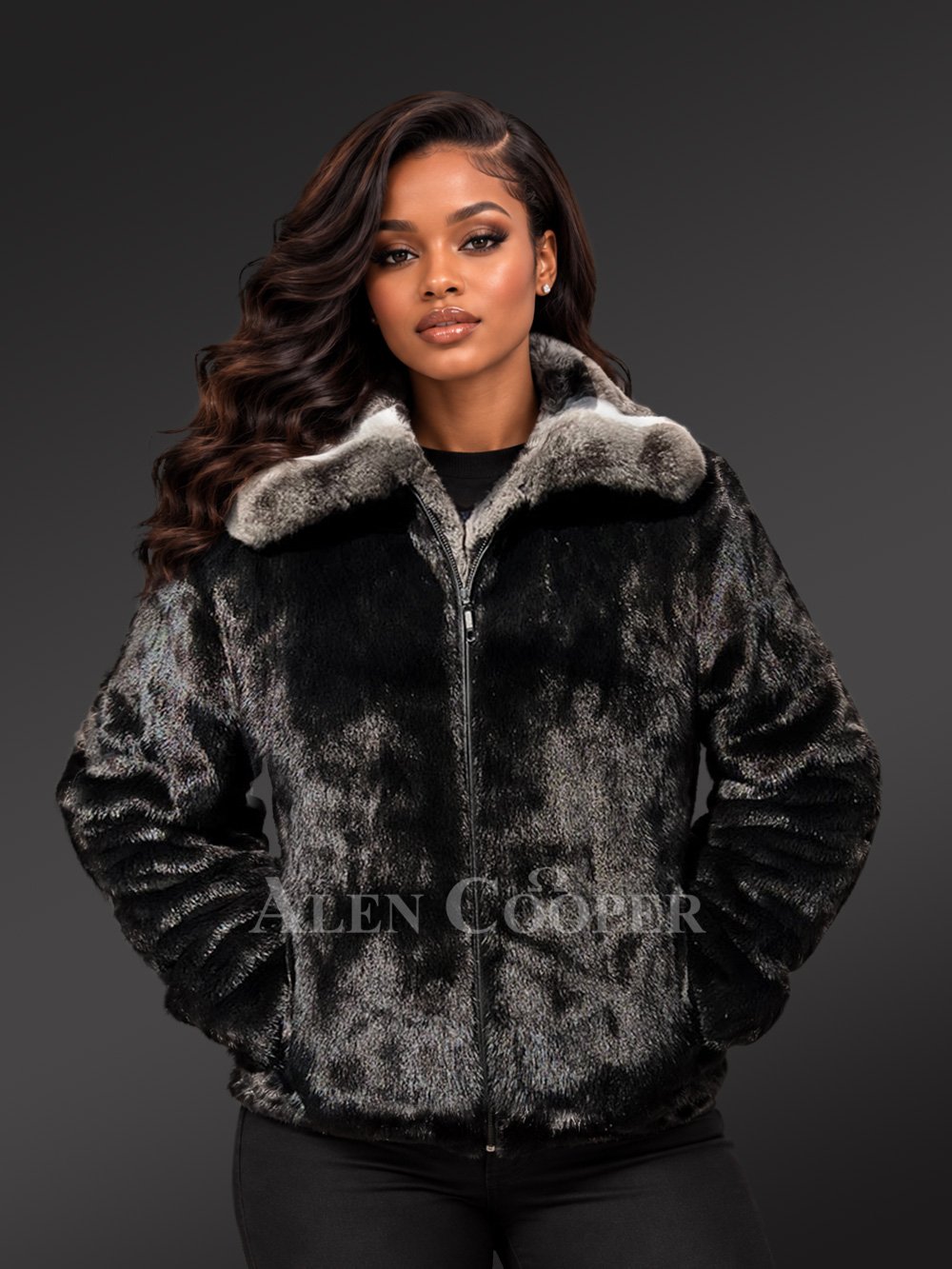 Women’s Full Mink Bomber Jacket with a Contrast Chinchilla Collar - Image 3