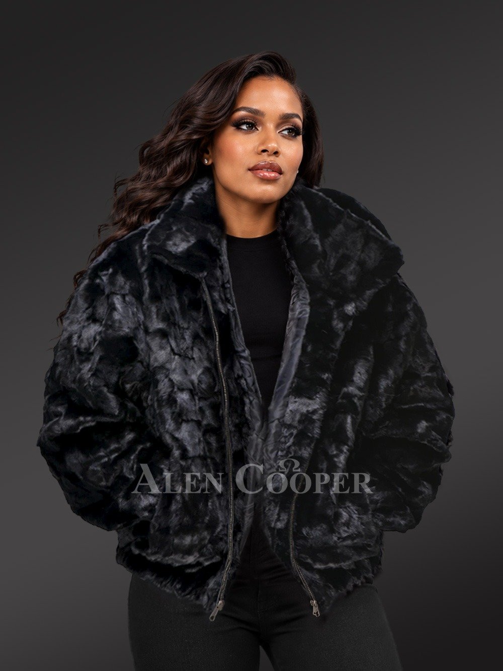 Women’s Basic Mink Bomber Jacket with Hood