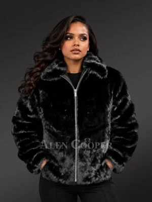 Women’s Classic Fullskin Mink Bomber Jacket in Black