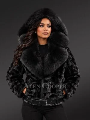 Women’s Classic Mink Biker Jacket with Hood and Fox Trims
