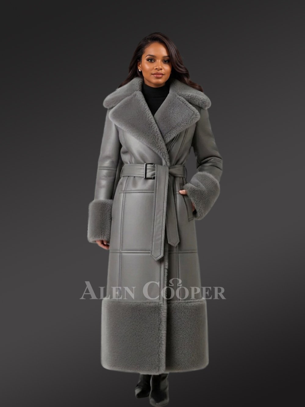 Women’s Full Length Grey Shearling Coat