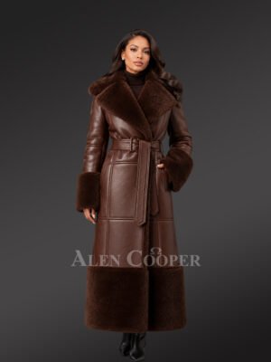 Women's Full Length Shearling Coat in Coffee
