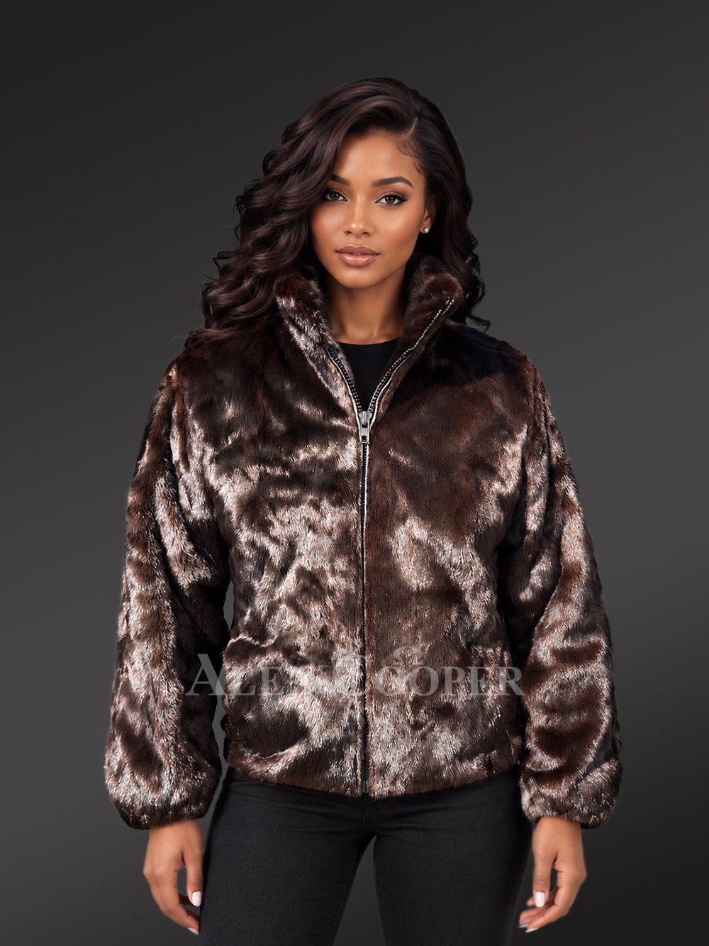 Women’s Full Mink Turtle Neck Bomber Jacket