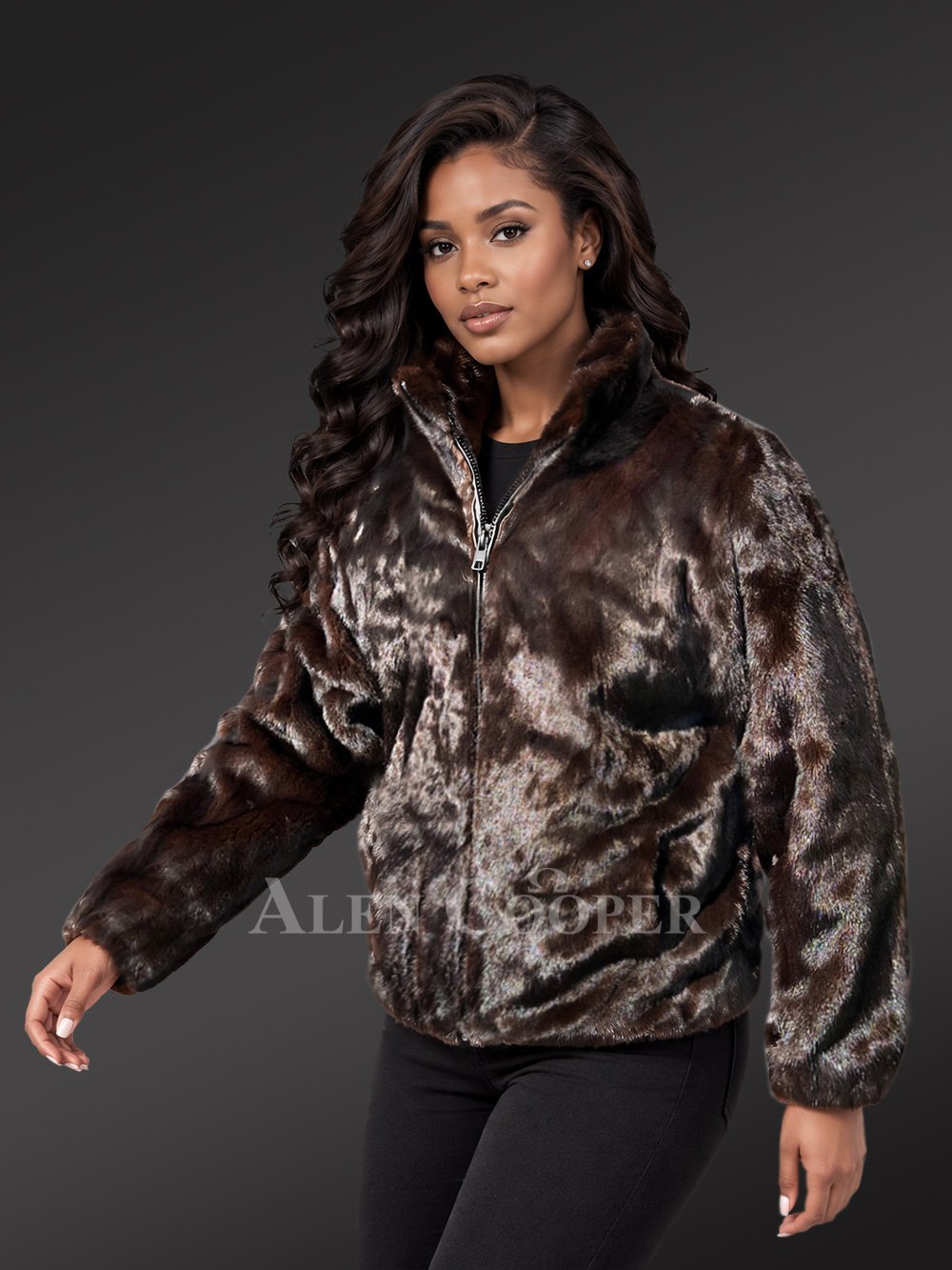 Women’s Full Mink Turtle Neck Bomber Jacket - Image 3