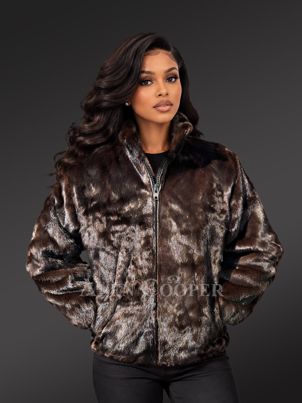 Women’s Full Mink Turtle Neck Bomber Jacket - Image 2